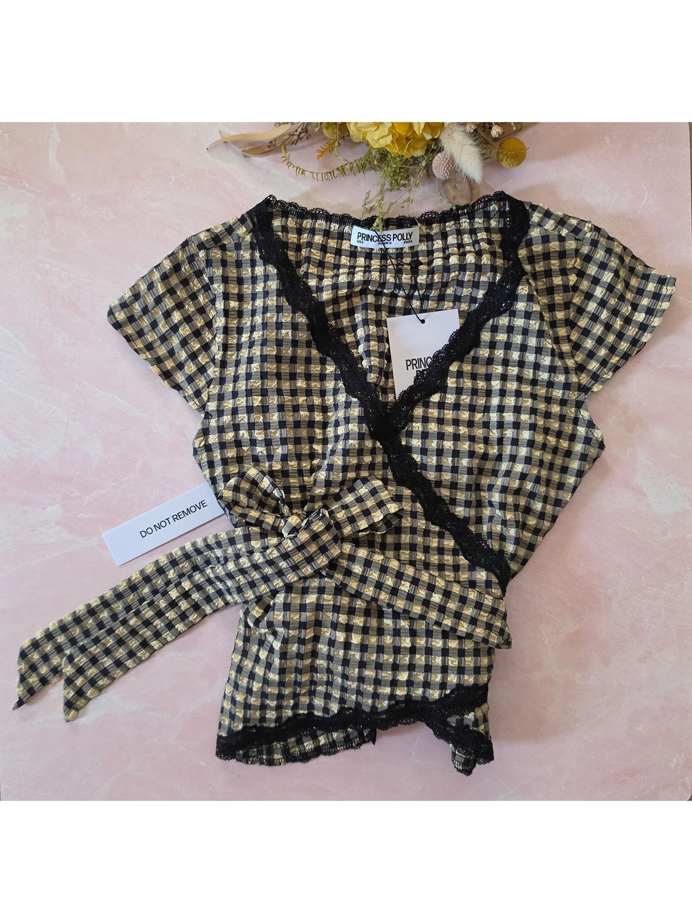 Princess Polly Meltwater Lace Trim Wrap Detail Top Black Check - NWT - Picture 5 of 6